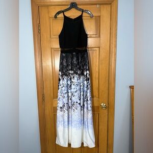Betsy & Adam Black Ombre Floral Maxi Dress Sleeveless Illusion Waist Stained Hem
